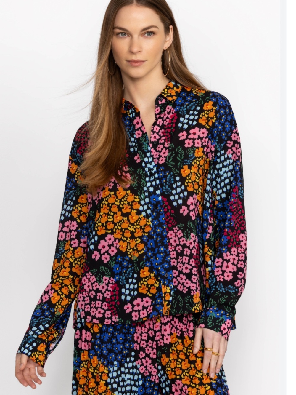 Johnny Was | Jade Astrid Pleated Back Bright Floral Long Sleeve Button Down Top